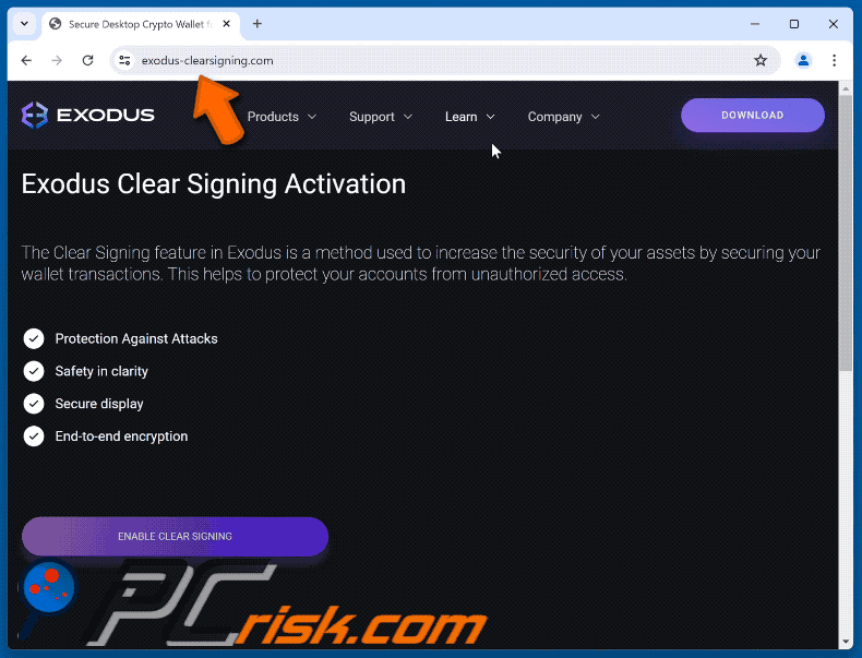 Appearance of Exodus Clear Signing Activation scam (GIF)