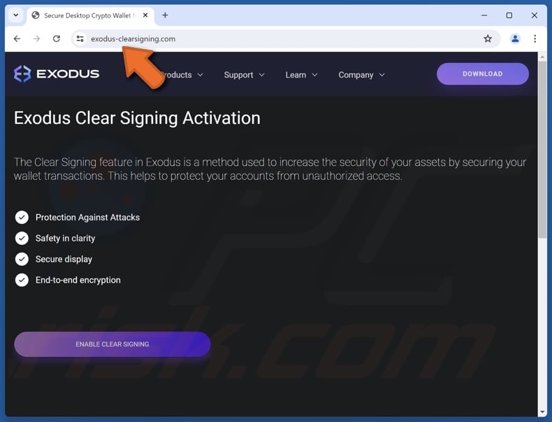 Exodus Clear Signing Activation scam