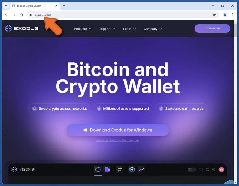 Appearance of the real Exodus website (exodus.com)