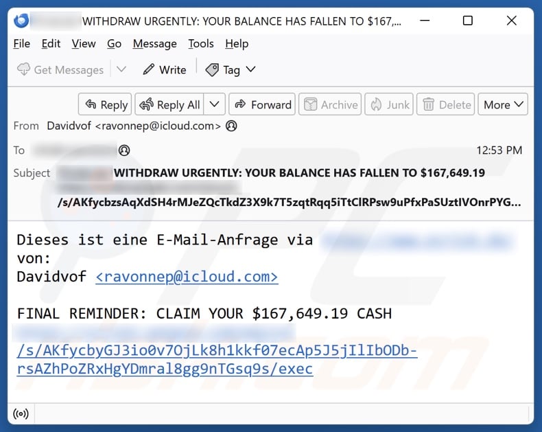 Spam email used to promote this fake BitPay site (sample 1)