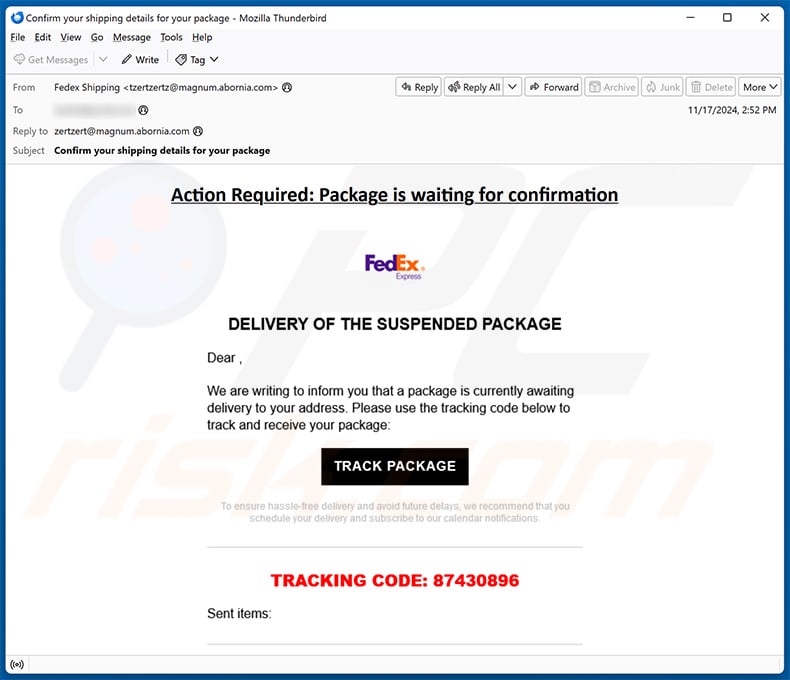 FedEx - Delivery Of The Suspended Package email scam (2024-11-19)