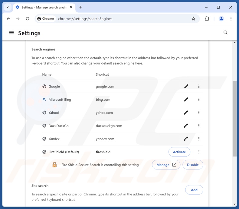 Removing search.onfireshield.com from Google Chrome default search engine