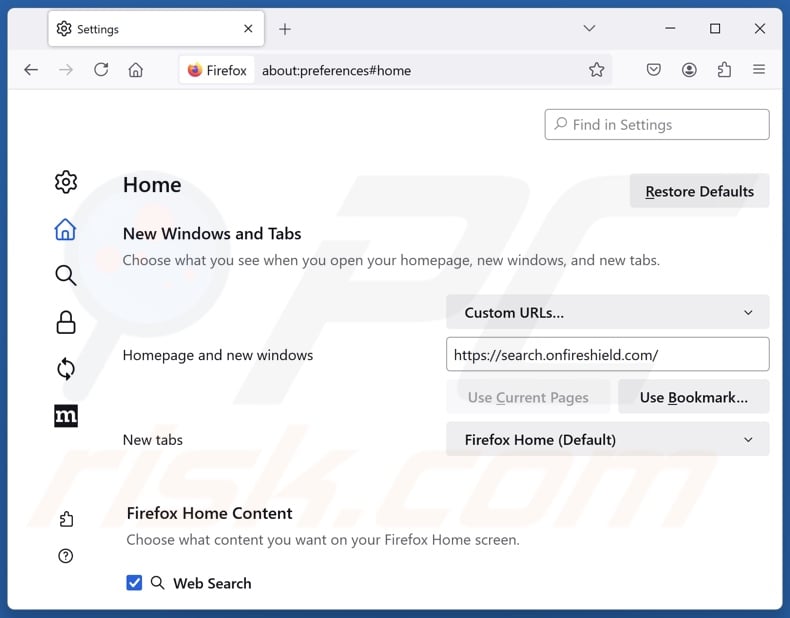 Removing search.onfireshield.com from Mozilla Firefox homepage