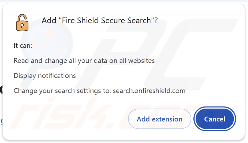 Fire Shield Secure Search browser hijacker asking for permissions