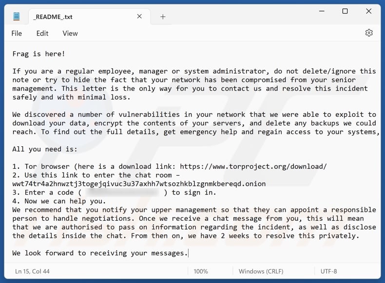 Frag ransomware ransom note (README .txt)