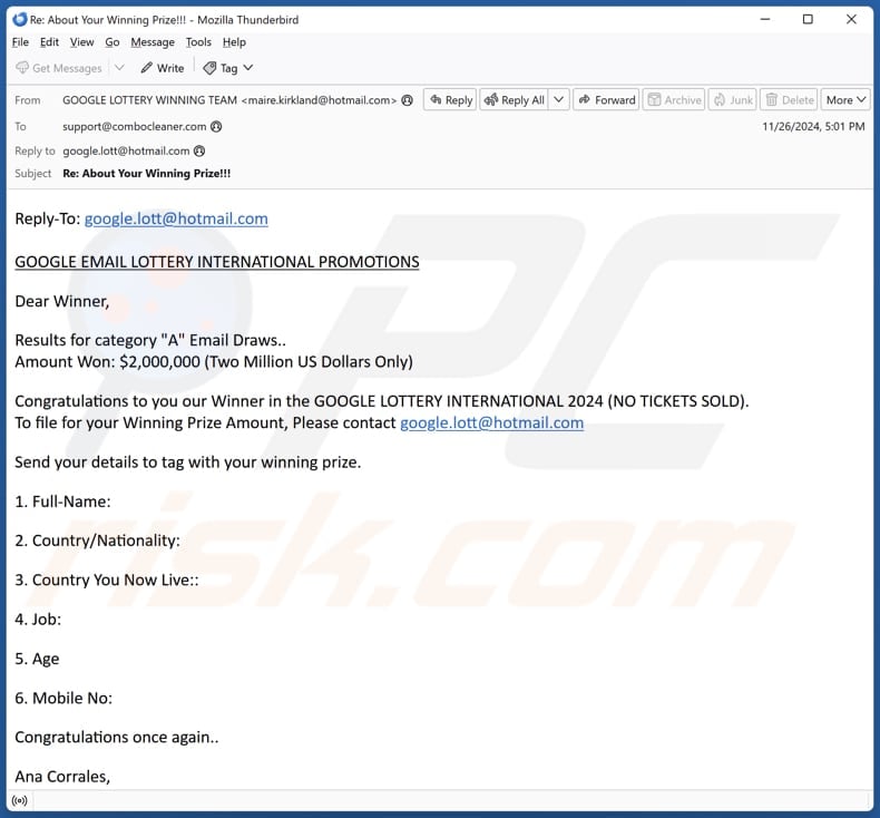 Google Email Lottery International Promotions email spam campaign