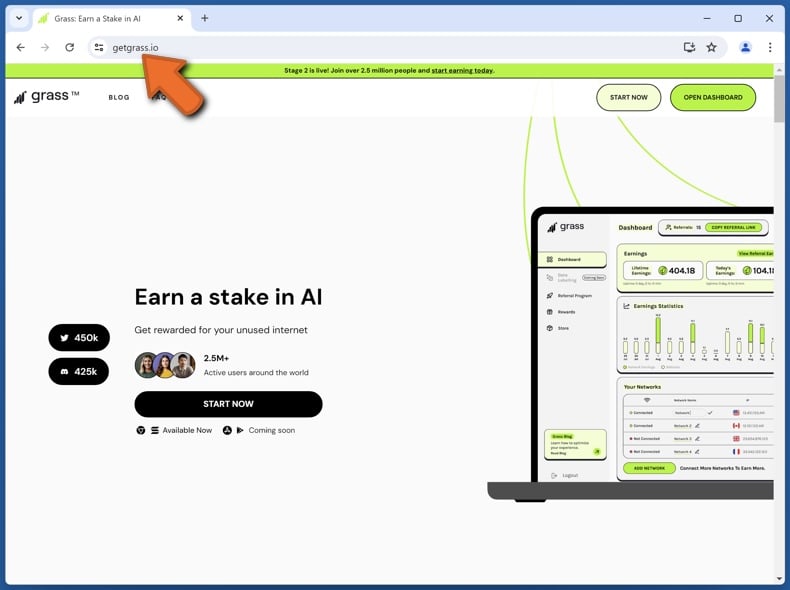 Appearance of the real Getgrass website (getgrass.io)