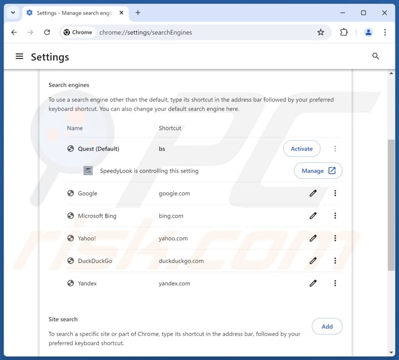 Removing guardflares.com from Google Chrome default search engine