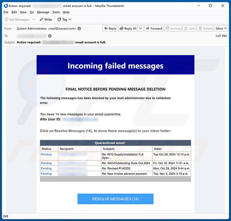 Incoming Failed Messages email scam (2024-11-11)