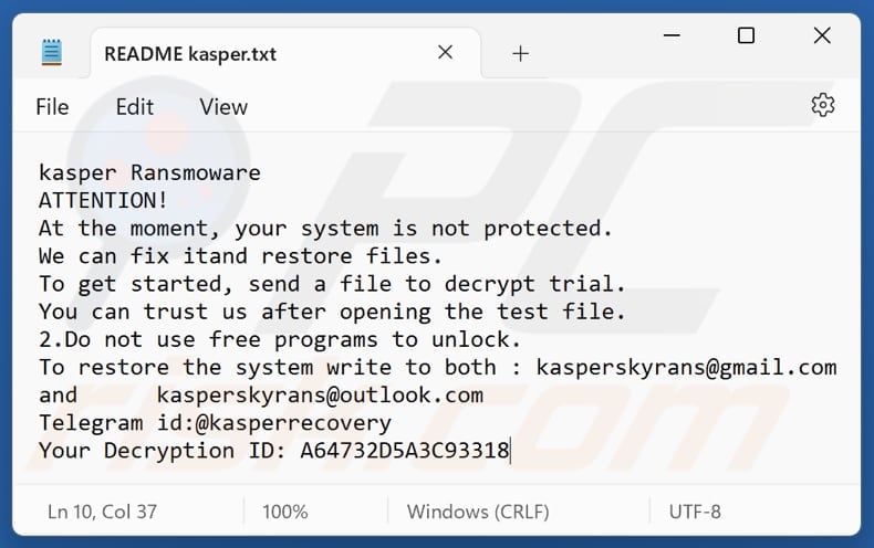 Kasper ransomware text file (README kasper.txt)