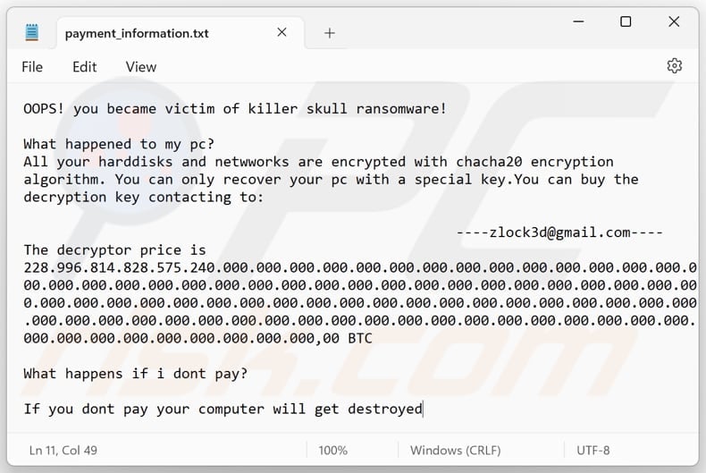 Killer Skull ransomware text file (payment_information.txt)