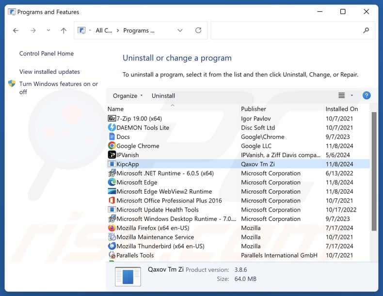 KipcApp uninstall via Control Panel