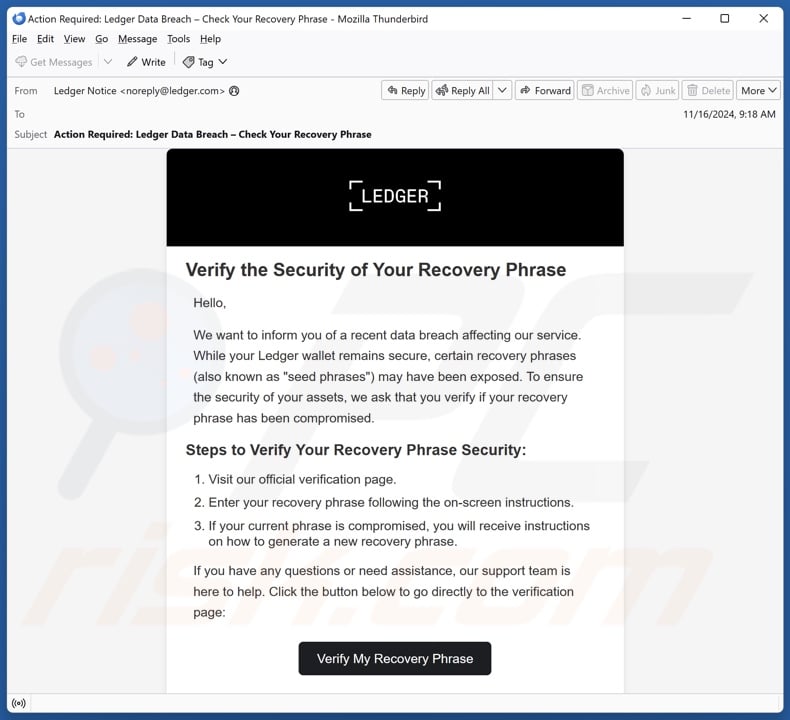 Ledger Recovery Phrase Verification email spam campaign