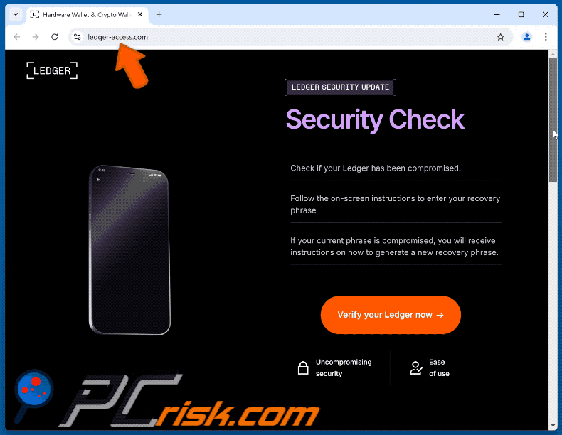 Ledger Recovery Phrase Verification scam email promoted phishing site (GIF)
