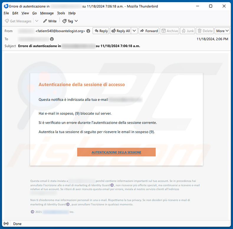 Italian variant of Login Session Authentication email scam