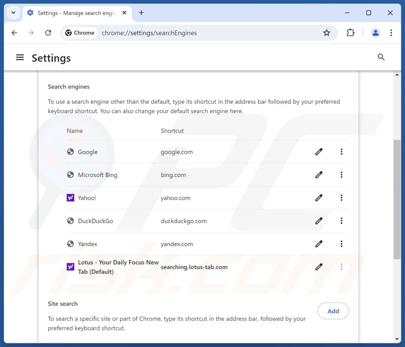 Removing lotus-tab.com from Google Chrome default search engine