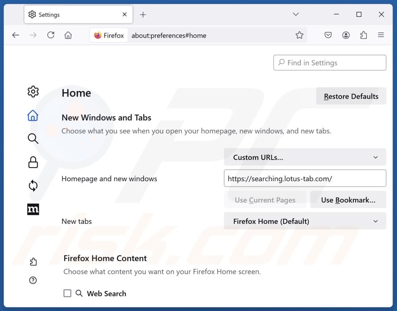 Removing lotus-tab.com from Mozilla Firefox homepage