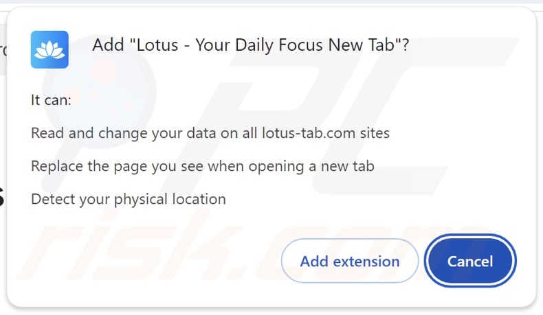 Lotus - Your Daily Focus New Tab browser hijacker asking for permissions