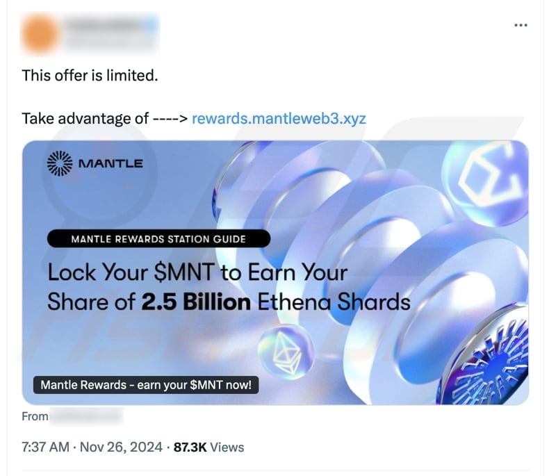 Mantle Rewards Station scam promoting Twitter post