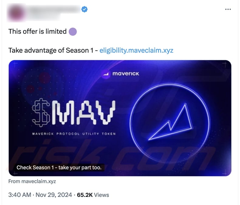 Tweet promoting MAV Token Eligibility Check scam