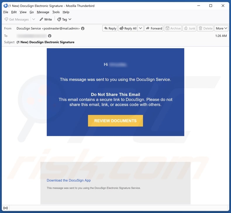 Message Sent Using DocuSign Service email spam campaign