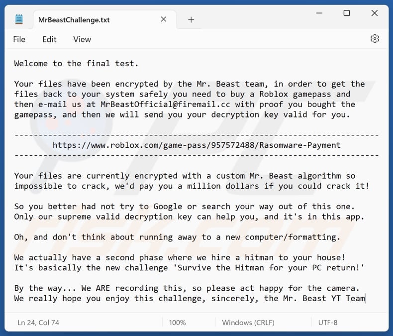 MrBeast ransomware text file (MrBeastChallenge.txt)