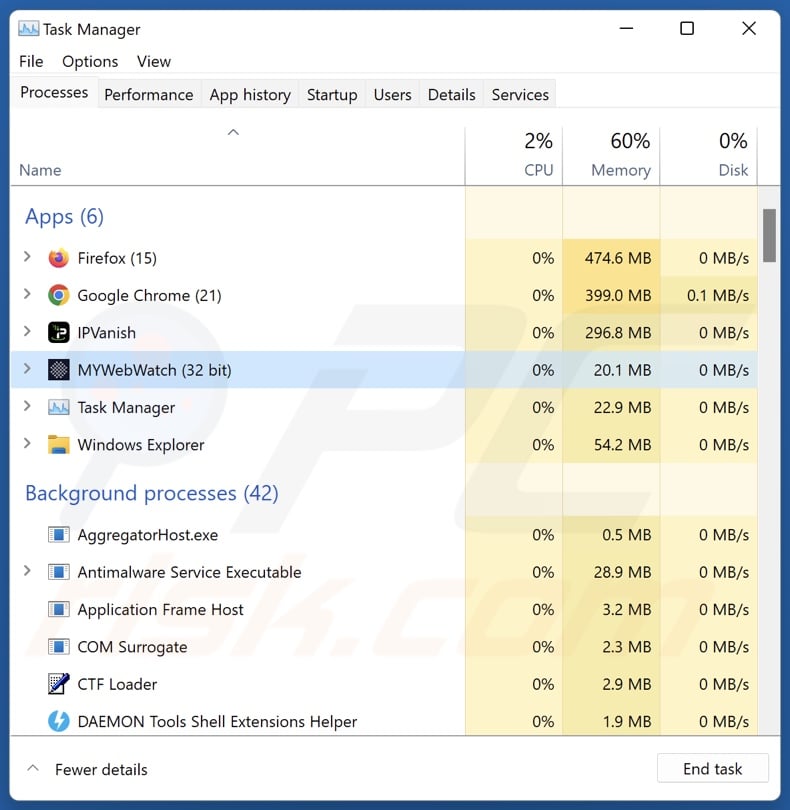 MYWebWatch browser hijacker process (MYWebWatch - process name)