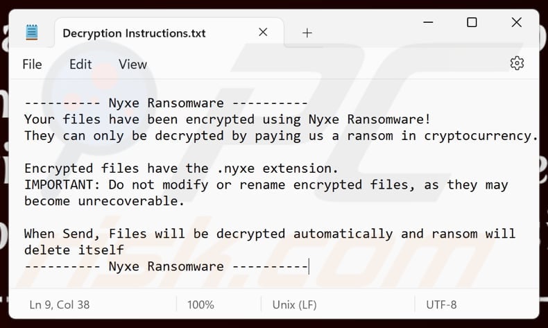 Nyxe ransomware text file (Decryption Instructions.txt)