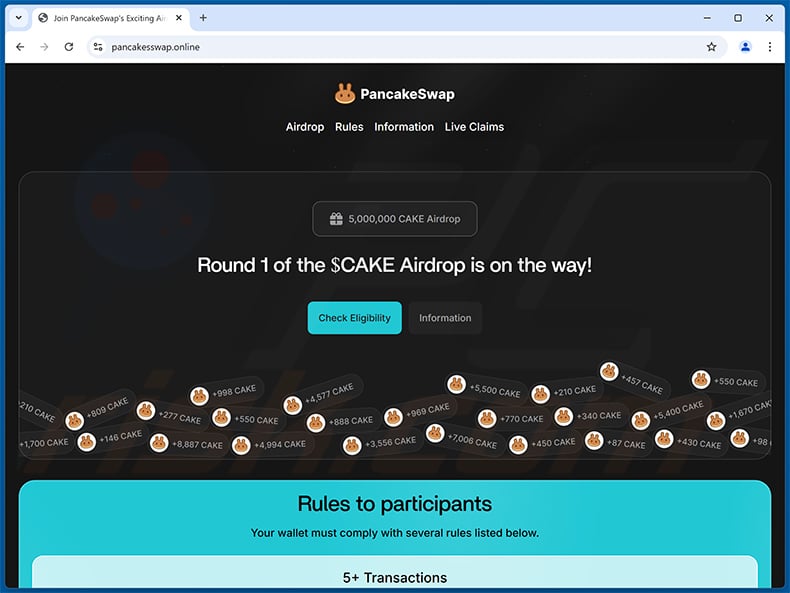 PancakeSwap airdrop-themed scam website (pancakesswap[.]online)