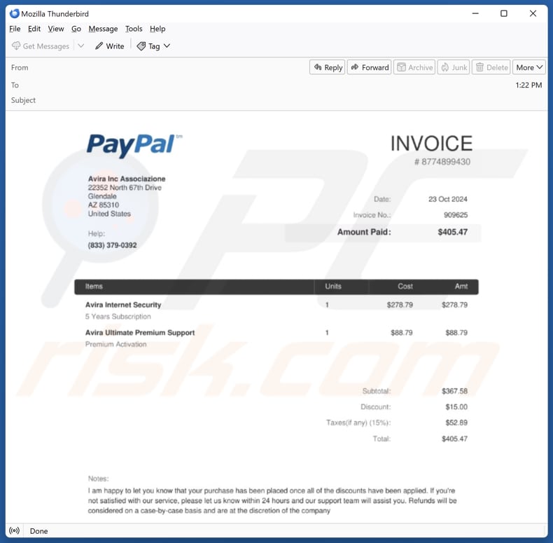 PayPal - Avira Security Purchase email spam campaign