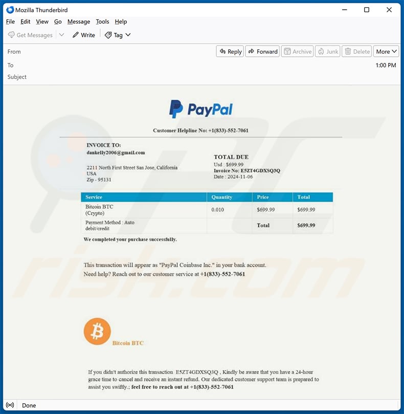 PayPal Crypto Purchase Invoice email scam (2024-11-29)