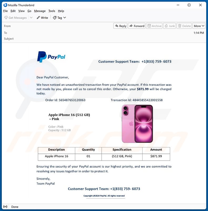 PayPal - Unauthorized Transaction email scam (2024-11-26)