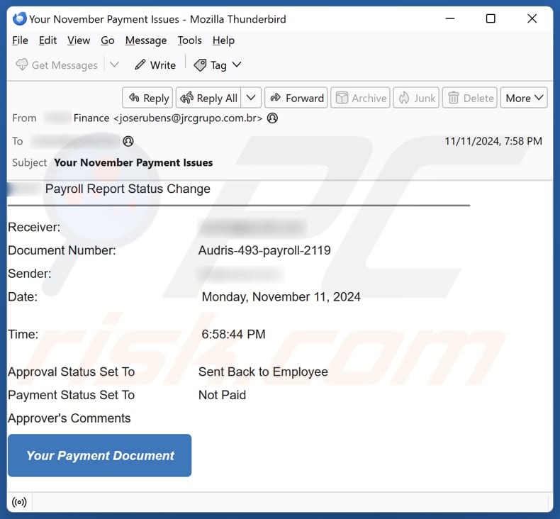 Payroll Report Status email spam campaign