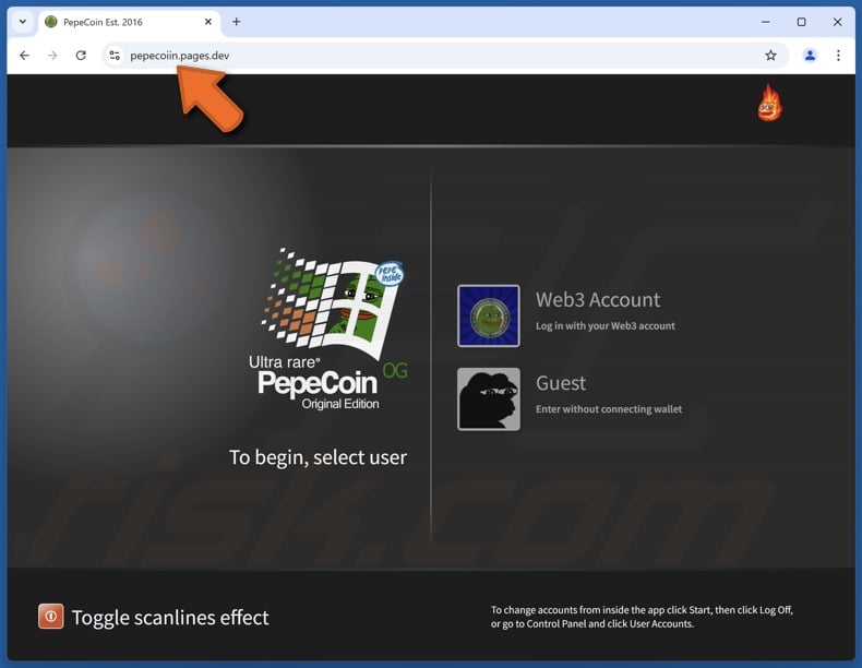 Appearance of a PepeCoin Original Edition scam site (pepecoiin.pages[.]dev)