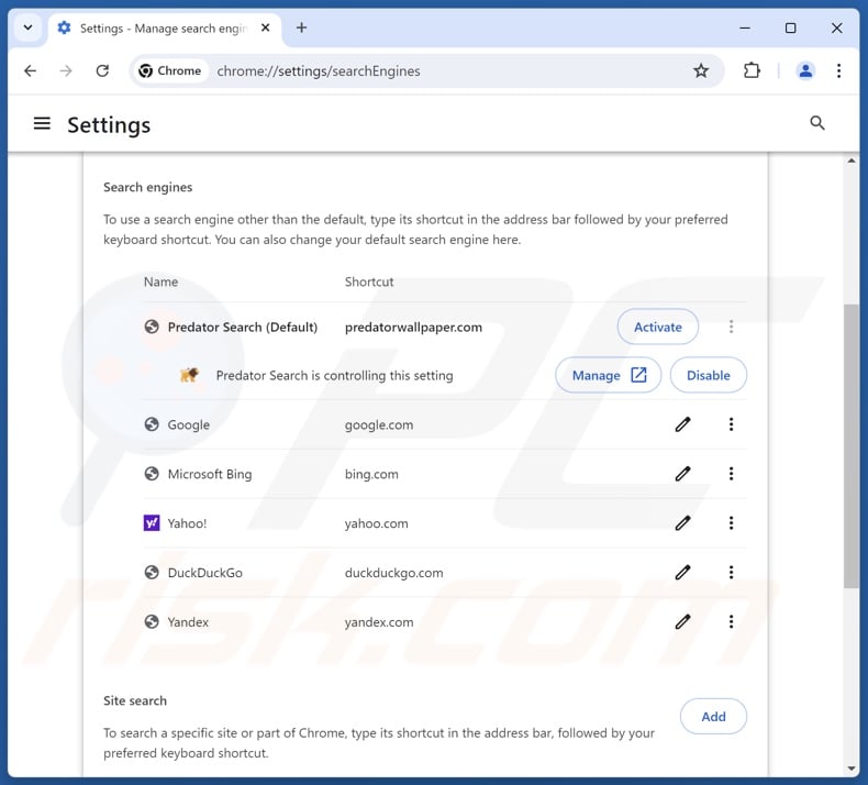 Removing predatorwallpaper.com from Google Chrome default search engine