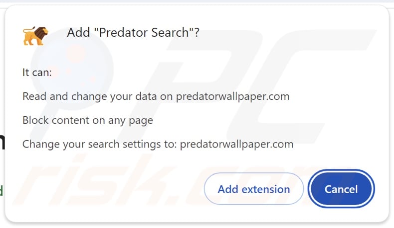 Predator Search browser hijacker asking for permissions