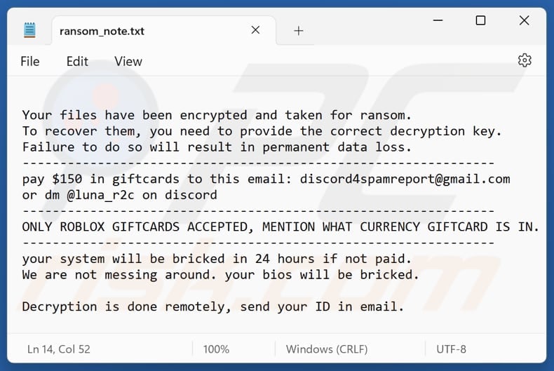 R2Cheats ransomware text file (ransom_note.txt)