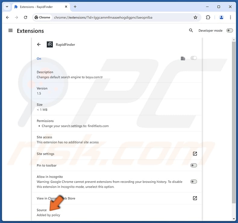 RapidFinder browser hijacker extension description