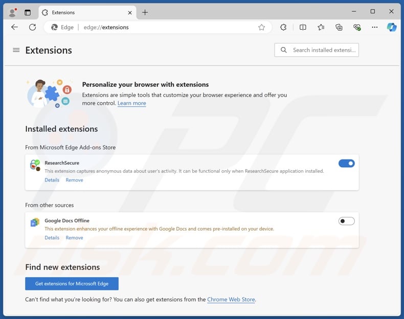 ResearchSecure PUA installed browser extension (Edge)