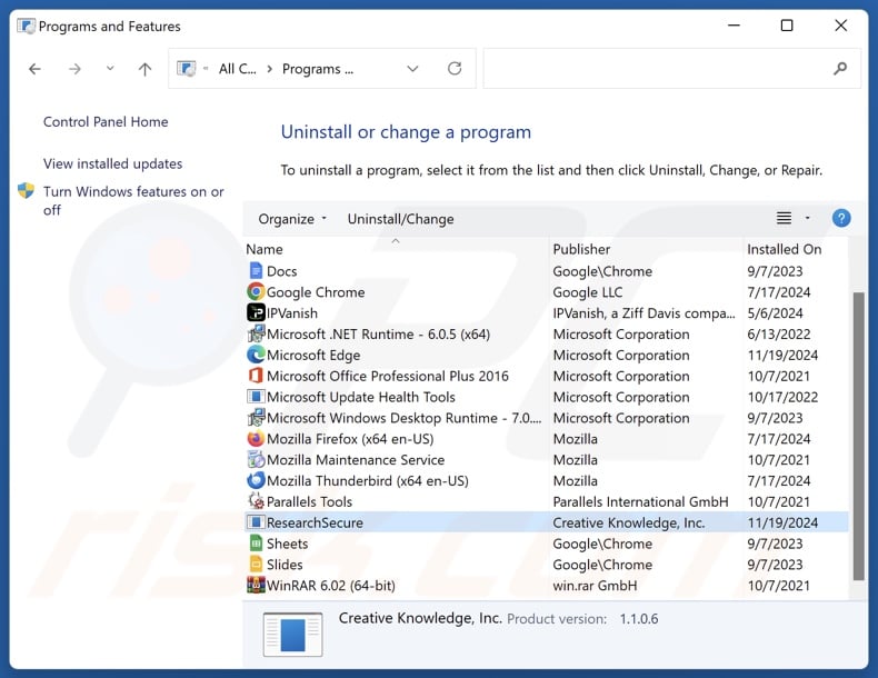 ResearchSecure uninstall via Control Panel