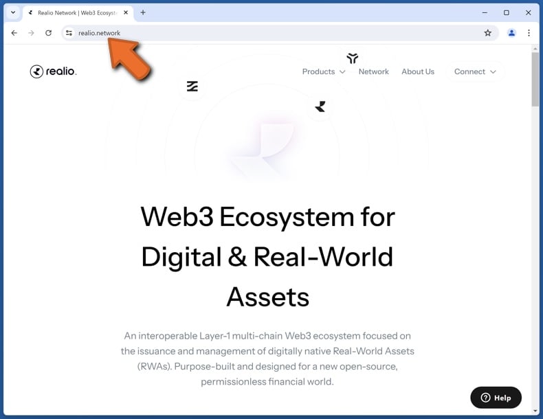 Appearance of the real Realio Network website (realio.network)