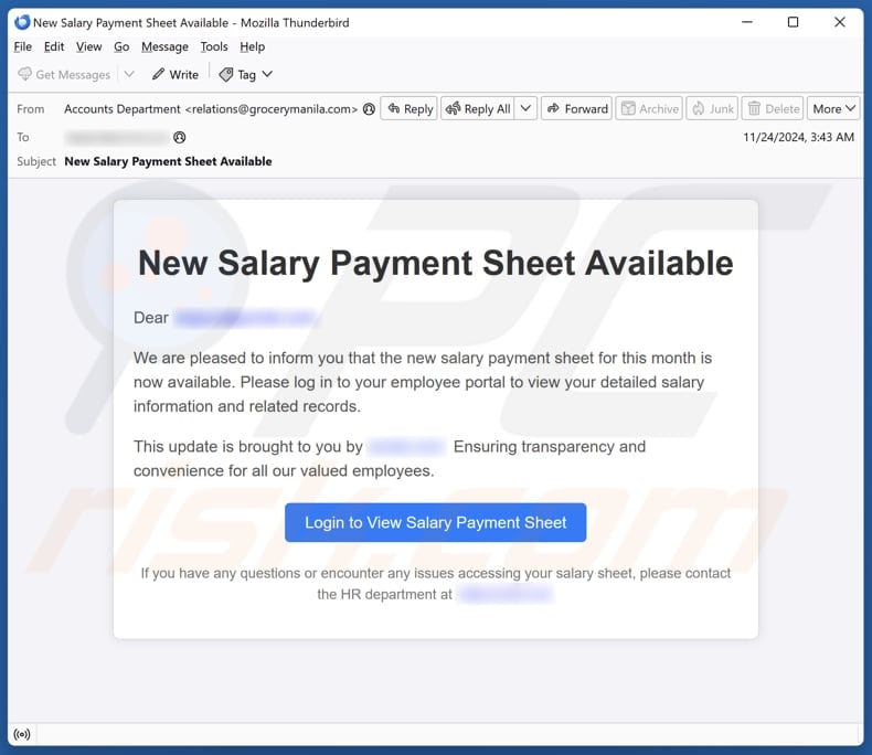 Salary Payment Sheet email spam campaign