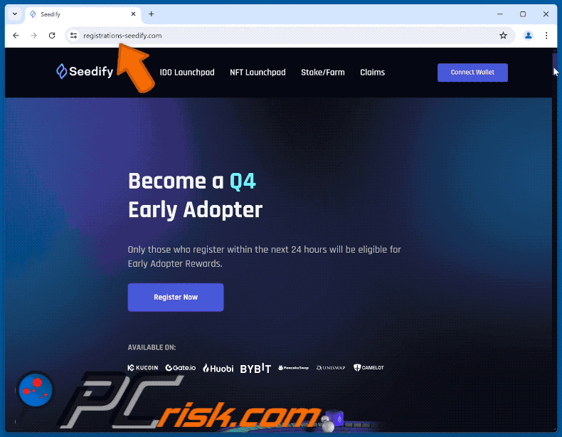 Appearance of Seedify Regstration scam (GIF)