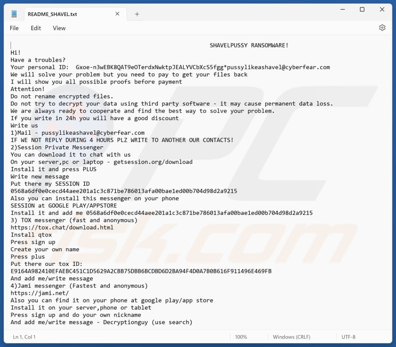 SHAVELP**SY ransomware text file (README_SHAVEL.txt)