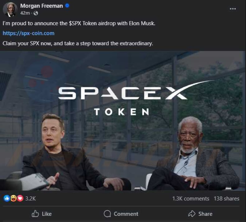 $SpaceX Coin Airdrop stolen Morgan Freeman profile promoting the scam