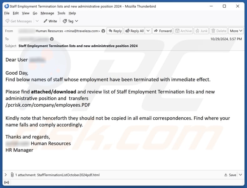 Staff Whose Employment Have Been Terminated email spam campaign