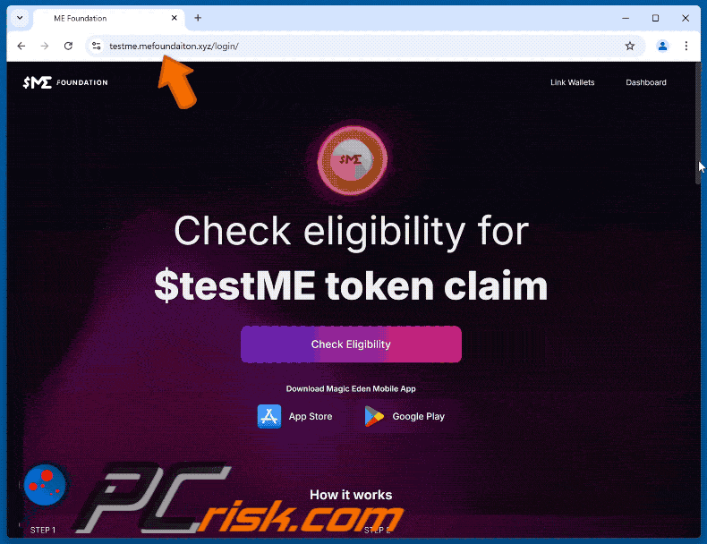 Appearance of $testME Token Claim scam