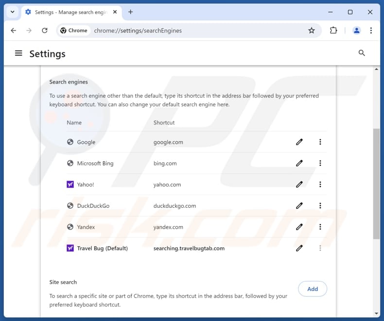 Removing travelbugtab.com from Google Chrome default search engine