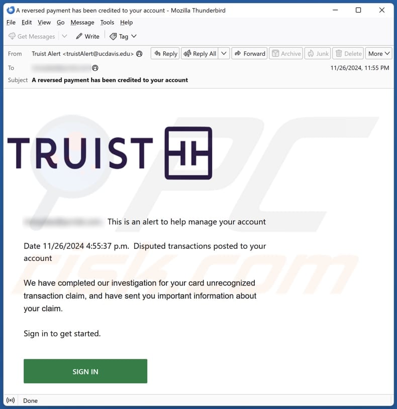 Truist - Disputed Transactions Posted To Your Account email spam campaign