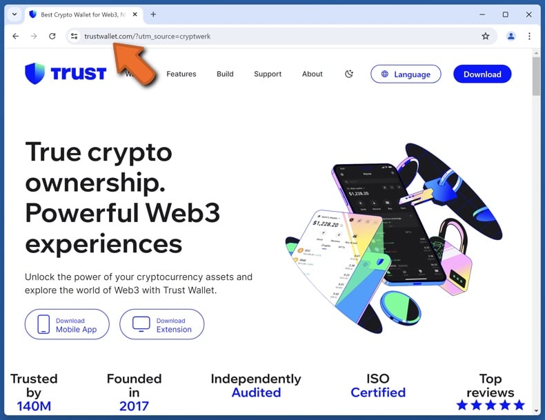 Appearance of the real Trust Wallet website (trustwallet.com)